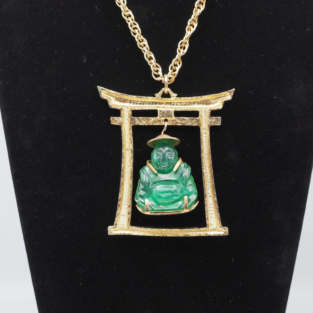 Vintage Necklace Torii Gate Green Buddha Pendant Large Gold Tone 24" Rope Chain